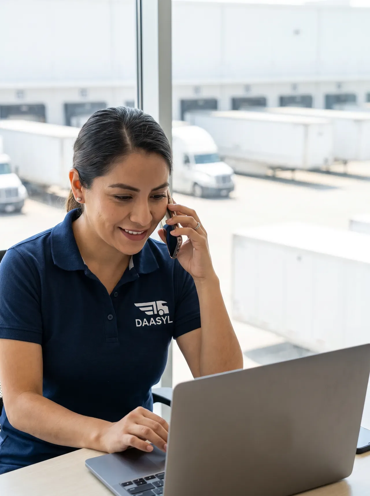 Coordinadora de Daasyl al teléfono, con el patio de maniobras detrás