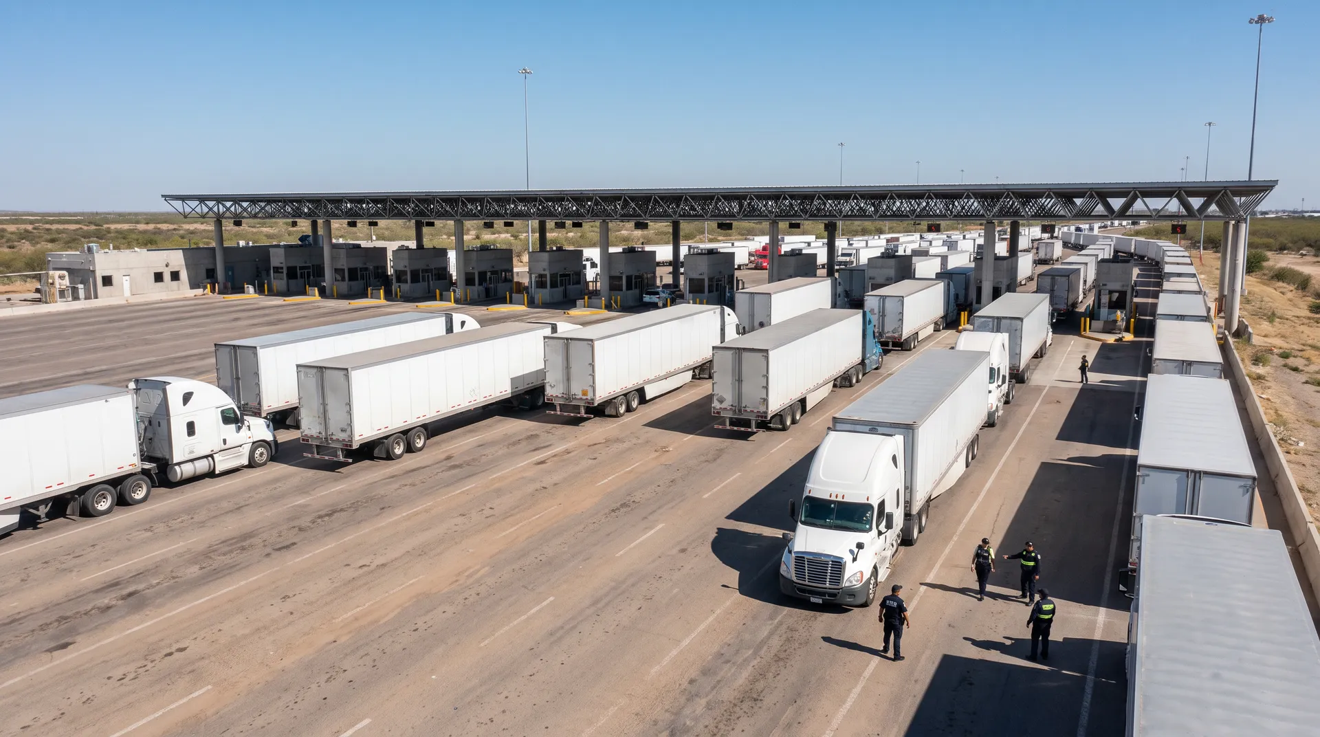 Fila de tractocamiones en los carriles de carga de un cruce fronterizo